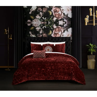Chic Home Kiana 9-Piece Crinkle Crushed Velvet Comforter Set, Queen, Burgundy