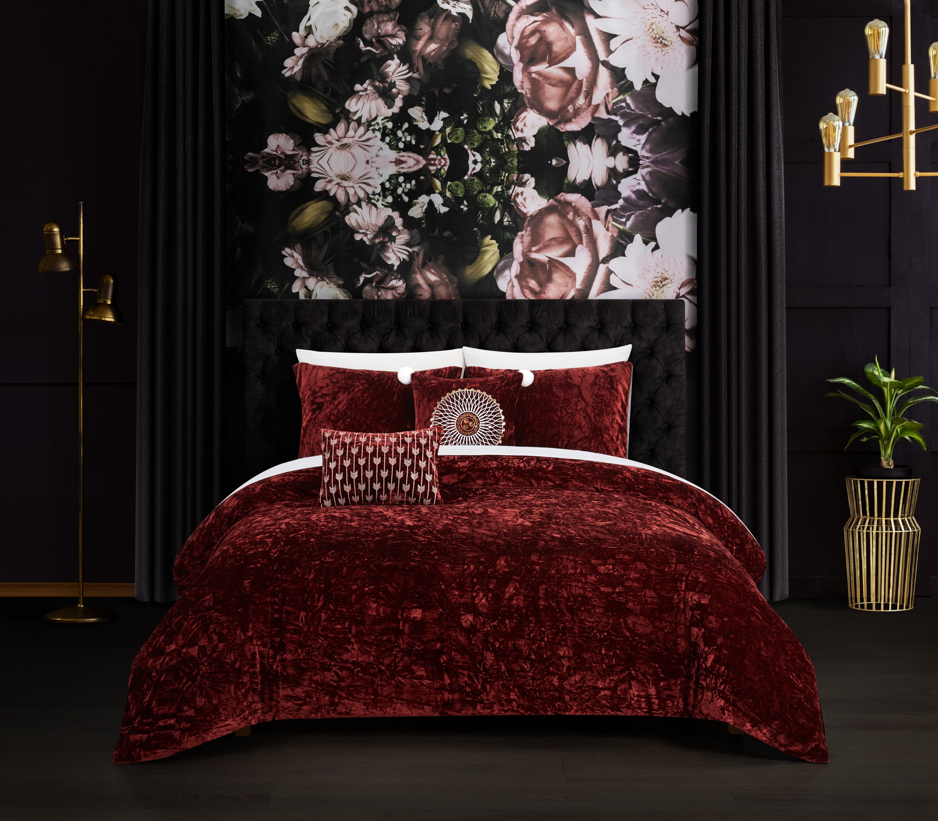 King Burgundy Crinkle Velvet Down Alternative Comforter Set