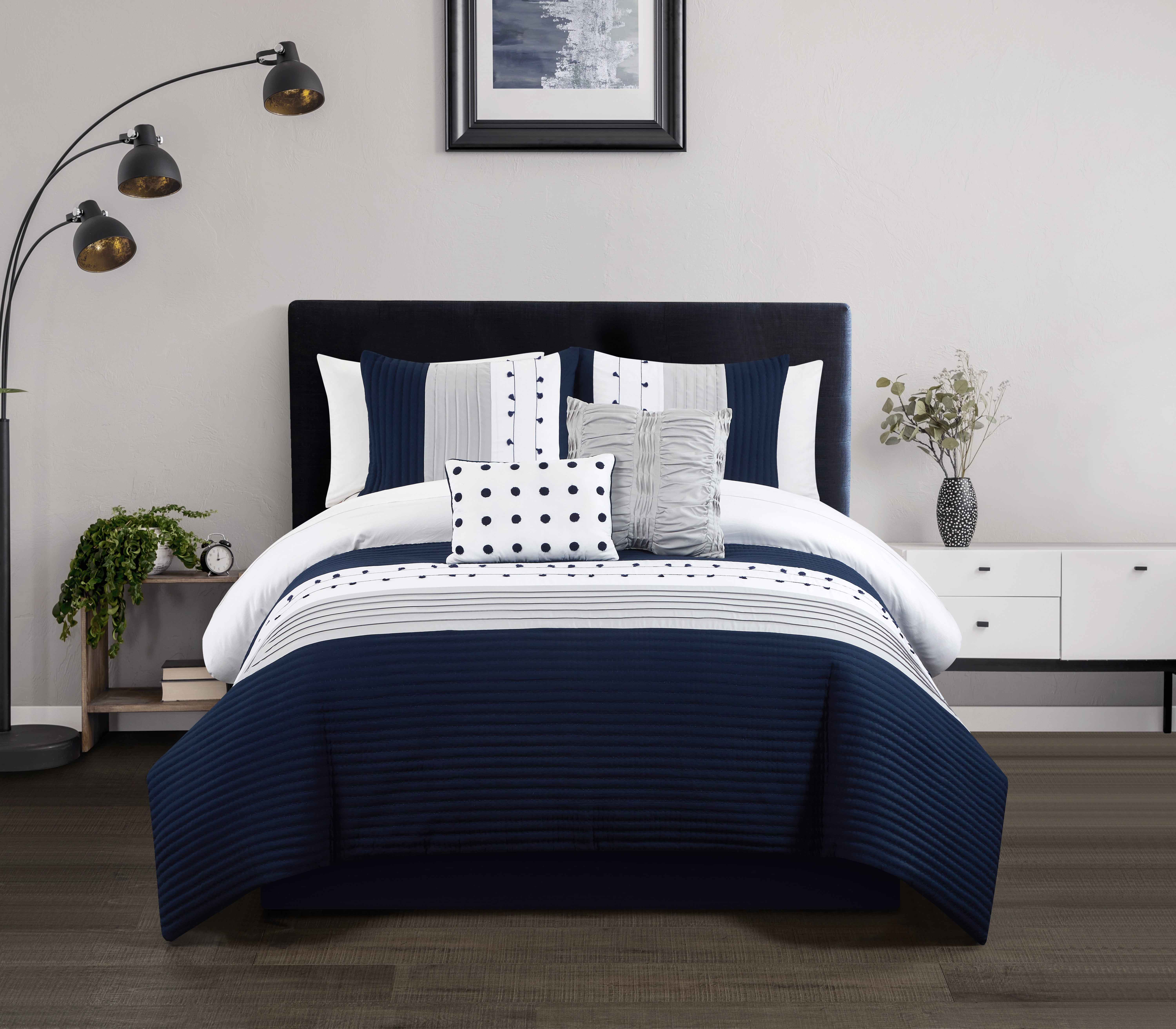 Chic Home Lani 5-Piece Color Blocked Striped Polka Dotted Comforter Set, King, Navy