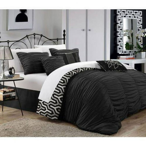 Chic Home Lester 11-Piece Reversible Ruffled Set, King, Black