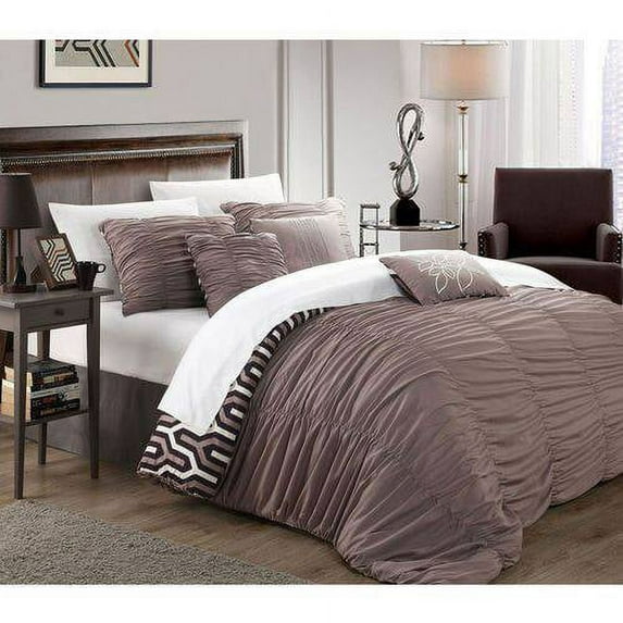 Chic Home Lester 7-Piece Reversible Ruffled Set, King, Brown
