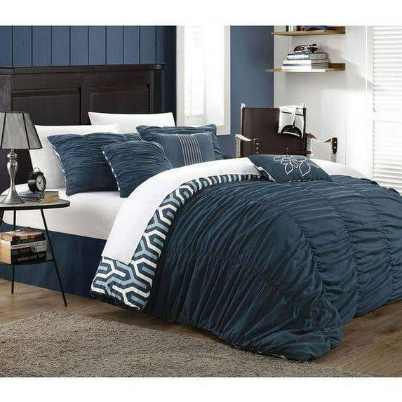 Chic Home Lester 7-Piece Reversible Ruffled Set, Queen, Navy
