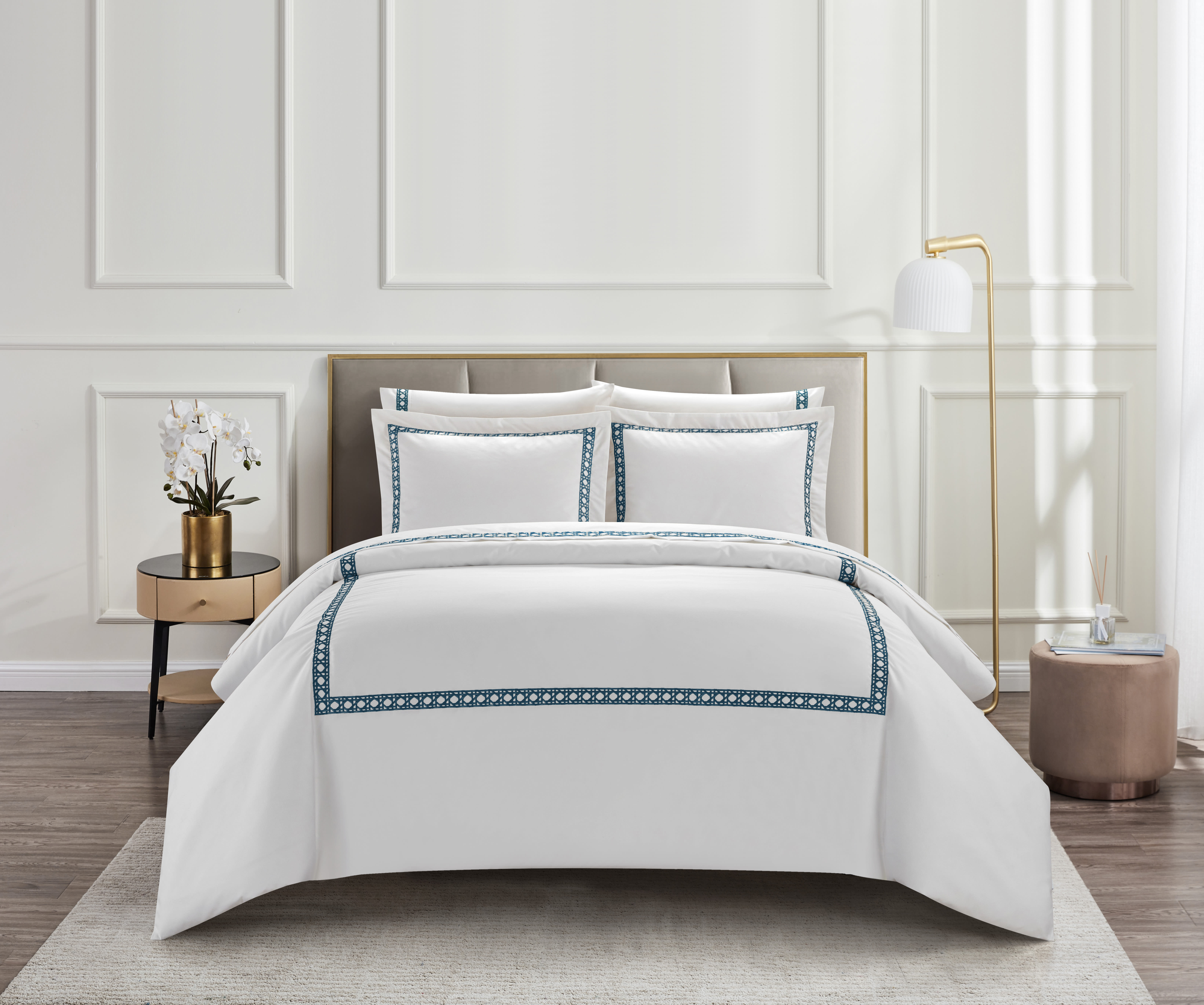 Chic Home Lewiston 3 Piece Cotton Blend Duvet Cover 1500 Thread Count Set Solid White With Embroidered Lattice Stitching Details Bedding – Includes Two Pillow Shams, Queen, Navy Blue