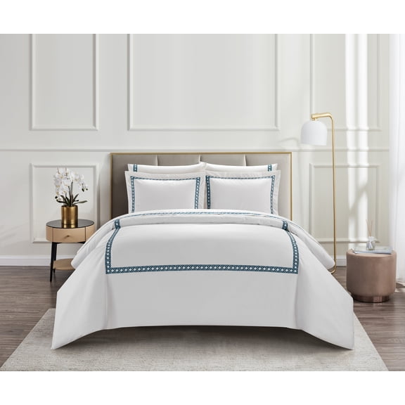 Chic Home Lewiston 3 Piece Cotton Blend Duvet Cover 1500 Thread Count Set Solid White With Embroidered Lattice Stitching Details Bedding – Includes Two Pillow Shams, Queen, Navy Blue