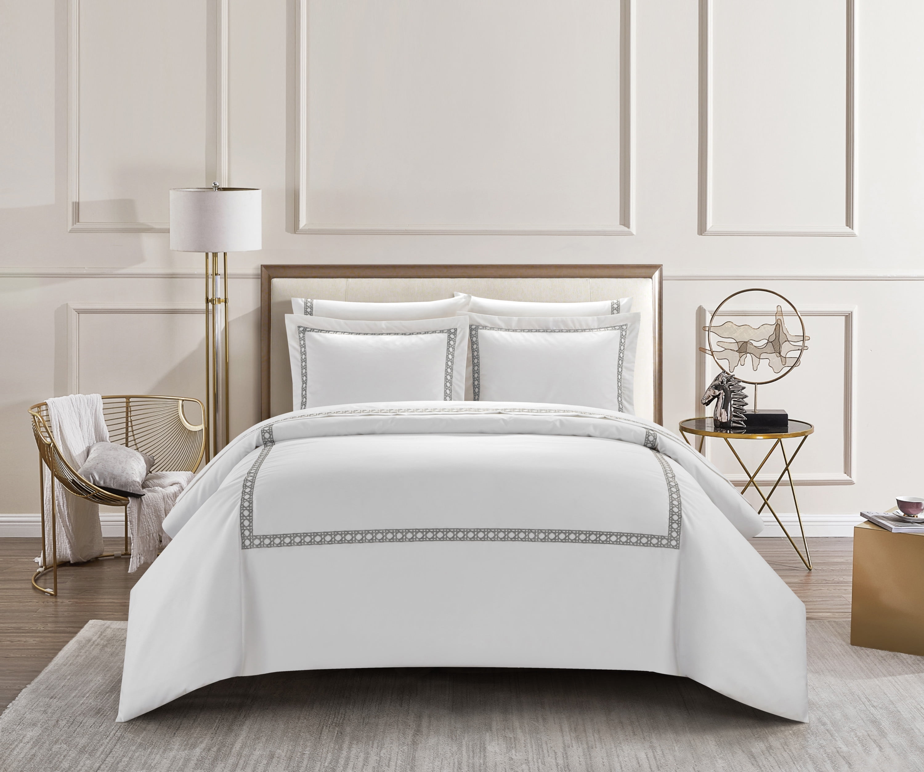 Chic Home Lexah 3-Piece Striped Cotton Duvet Cover Set, Queen, Grey