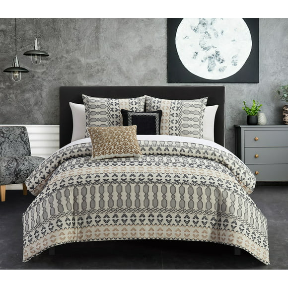 Chic Home Liliana 9-Piece Geometric Cotton Comforter Set, Queen, Beige