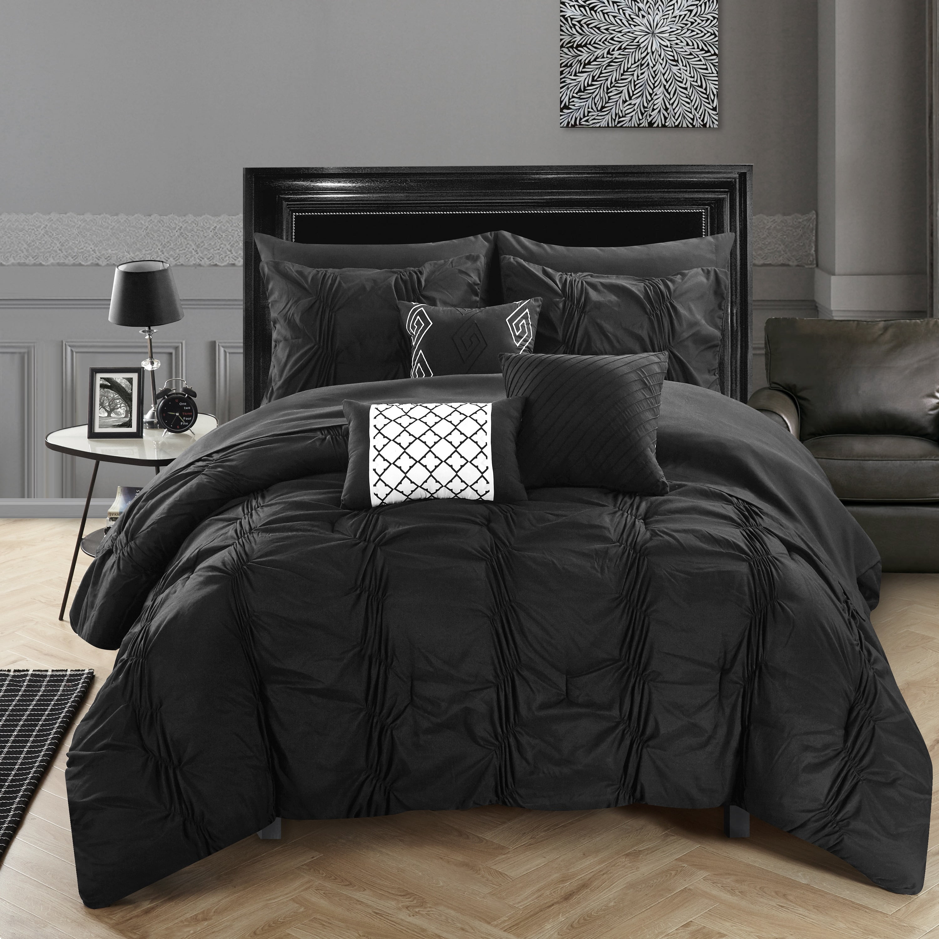 Chic Home Luna 10-Piece Pinch Pleat Comforter Set, King, Black