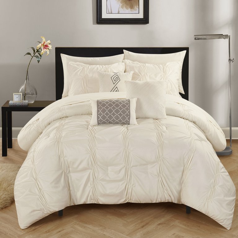 Chic Home Luna 10-Piece Pinch Pleated Comforter Set, King, Beige