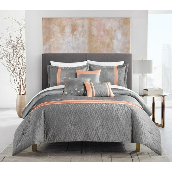 Chic Home Macie Comforter Set Jacquard Woven Geometric Design Pleated Quilted Details Bed In A Bag Bedding - Sheet Set Decorative Pillows Shams Included - 10 Piece - Grey