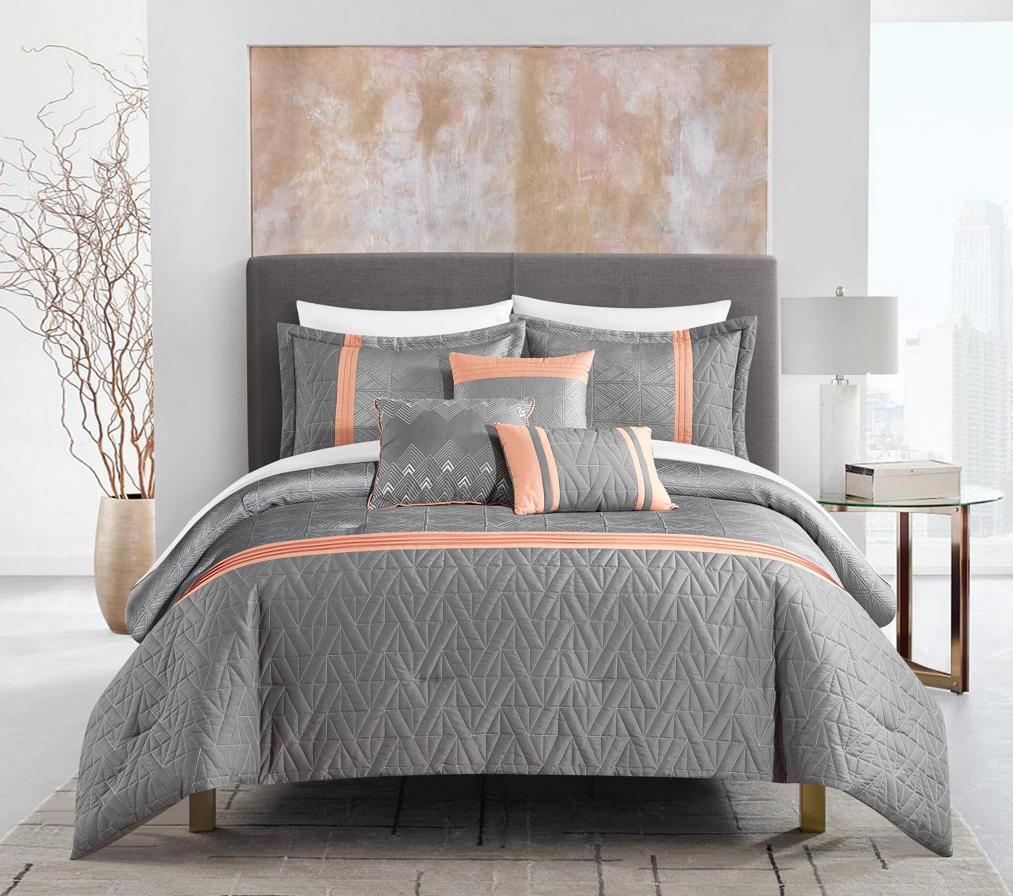 Chic Home Macie Comforter Set Jacquard Woven Geometric Design Pleated Quilted Details Bed In A Bag Bedding - Sheet Set Decorative Pillows Shams Included - 10 Piece - King 104x96", Grey