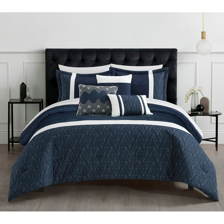Chic Home Macy 10 Piece Jacquard Woven Geometric Bed in a Bag Comforter Set King Navy