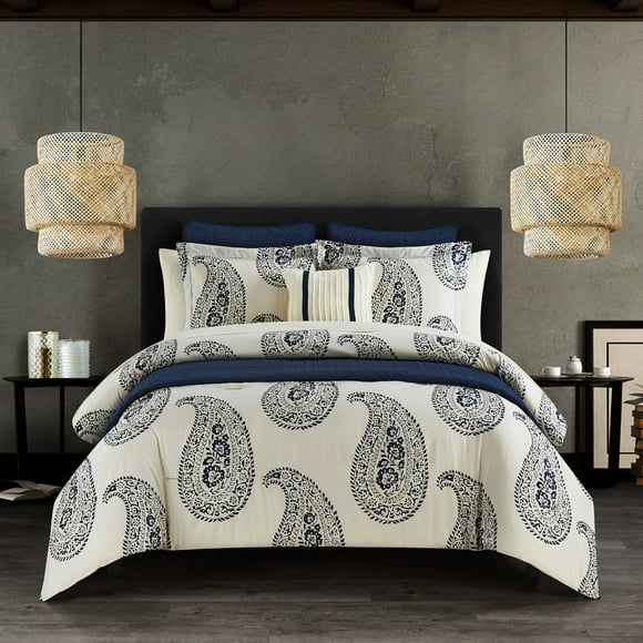 Chic Home Maison Comforter And Quilt Set Contemporary Two-Tone Paisley Print Bed In A Bag - Sheet Set Decorative Pillows Shams Included - 12 Piece - Queen 90x90", Navy