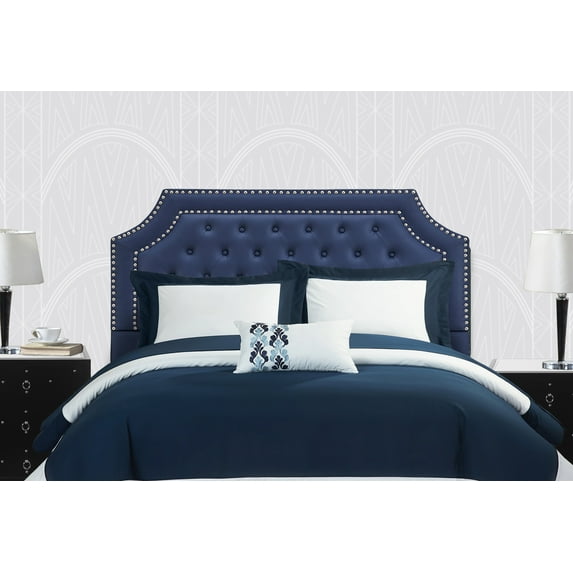 Chic Home Malan Transitional Nailhead Tufted Upholstered Headboard, Queen, Navy/Silver