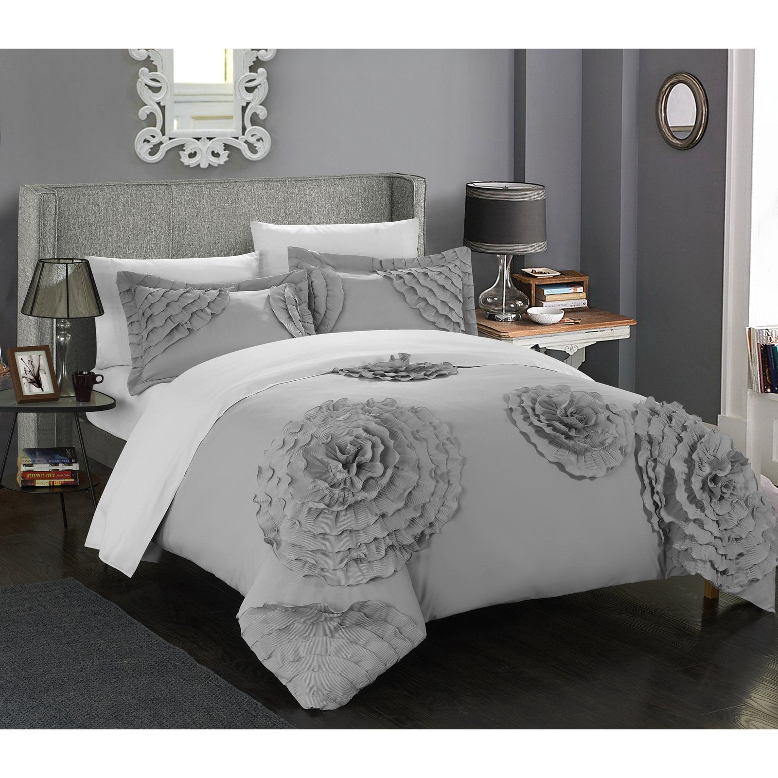 Chic Home Marissa 7Piece Floral Duvet Set, King, Silver