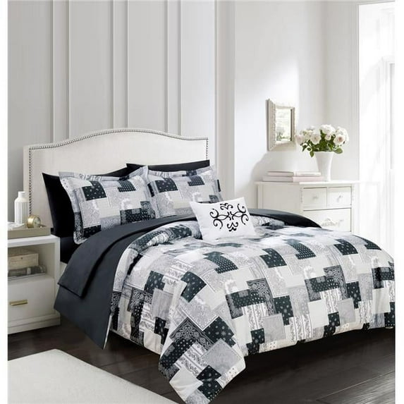 Chic Home Maureen 8 Piece Reversible Comforter Set Patchwork Bohemian Paisley Print Design Bed in a Bag - Sheet Set Pillowcases Decorative Pillow Shams Included, King - Black, Grey & White