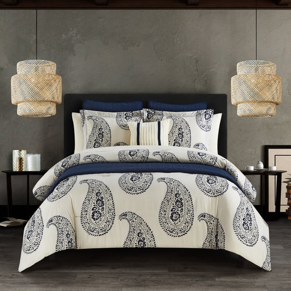 Chic Home Mckenna 9-Piece Reversible Paisley Comforter Set, Twin, Navy