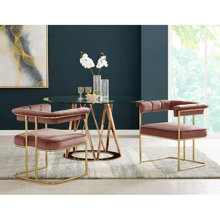 Chic Home Miles Dining Side Chair Velvet Upholstery Shelter Arms Gold Plated Solid Metal U Shaped Base 1 Piece Modern Contemporary Blush