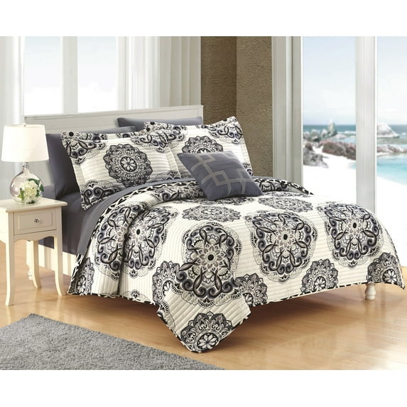Chic Home Miranda 4-Piece Reversible Abstract Quilt Set, King, Black
