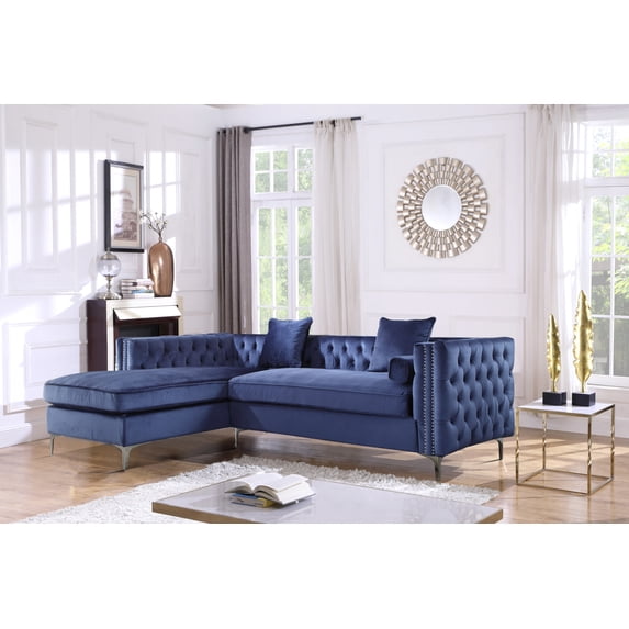 Chic Home Monet Velvet Modern Contemporary Button Tufted with Silver Nailhead Trim Silvertone Metal Y-leg Right Facing Sectional Sofa, Navy