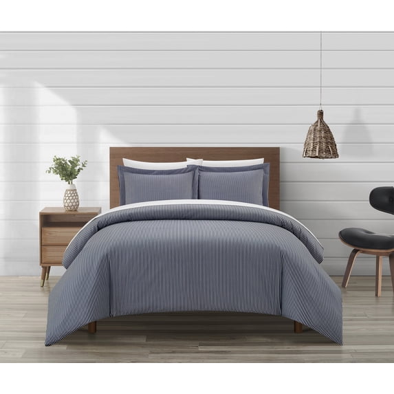 Chic Home Morgan Duvet Cover Set Contemporary Two Tone Striped Pattern Bed In A Bag Bedding - Sheets Pillowcase Pillow Sham Included - 5 Piece - Twin 68x90", Navy