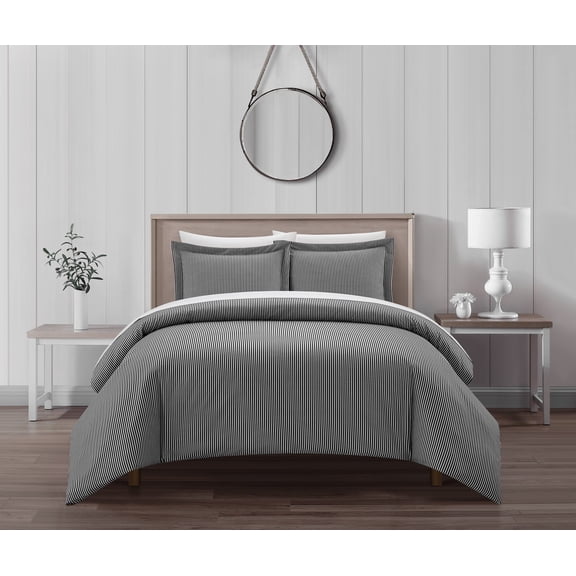 Chic Home Morgan Duvet Cover Set Contemporary Two Tone Striped Pattern Bed In A Bag Bedding - Sheets Pillowcases Pillow Shams Included - 7 Piece - Queen 90x90", Charcoal