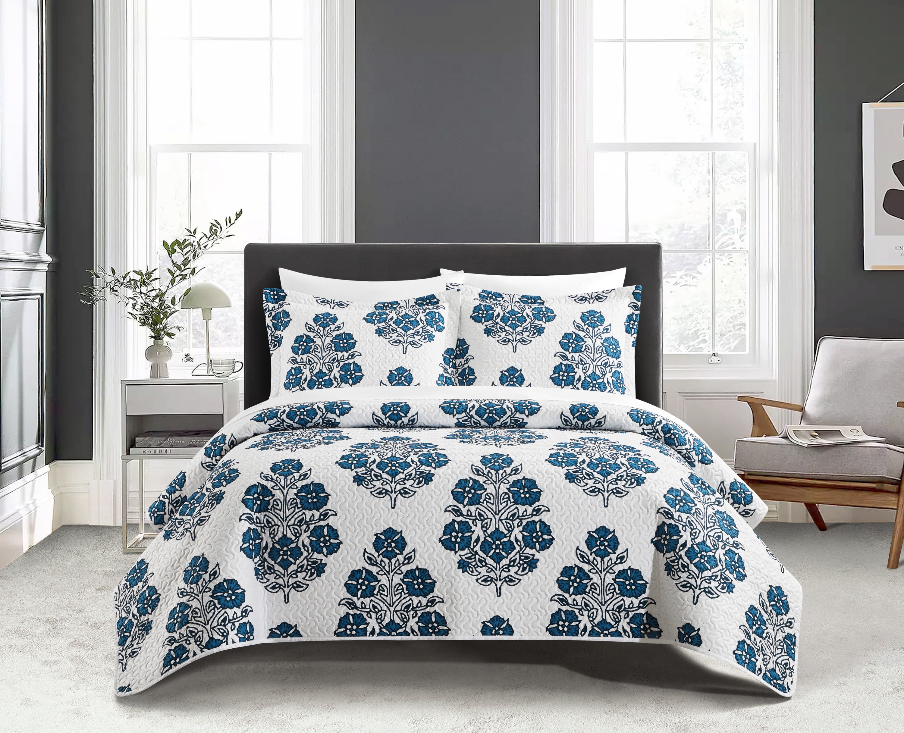 Chic Home Morten 3-Piece Floral Quilt Set, King, Blue