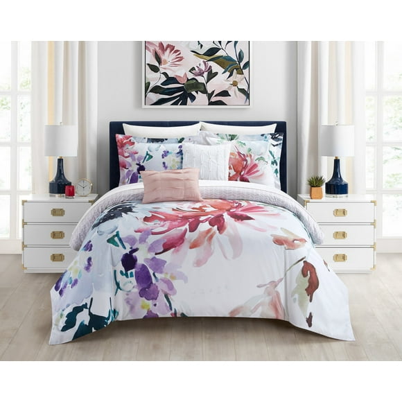 Chic Home Nitobe Gardens 5 Piece Reversible Comforter Set Floral Watercolor Design Bedding - Decorative Pillows Shams Included, Queen