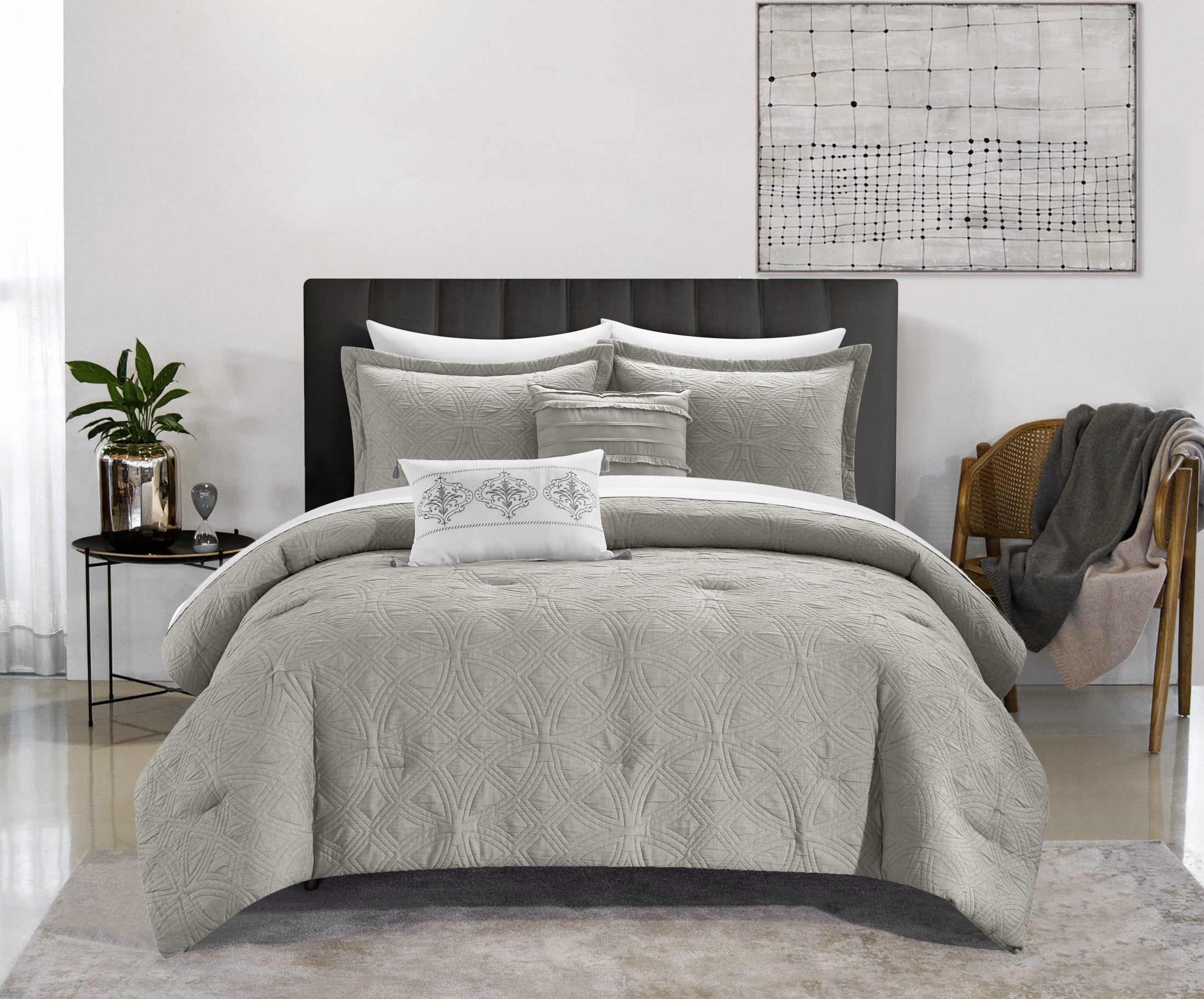 Chic Home Orson 9-Piece Geometric Cotton Comforter Set, King, Grey