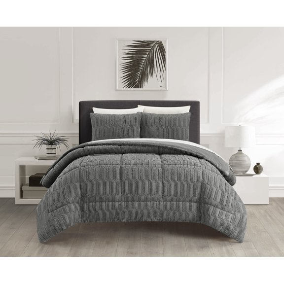 Chic Home Pacifica 5 Piece Comforter Set Textured Geometric Pattern Faux Rabbit Fur Micro-Mink Backing Bed In A Bag Bedding - Sheets Pillowcase Pillow Sham Included, Twin, Grey