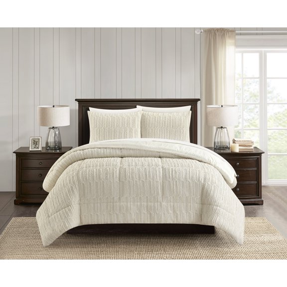 Chic Home Pacifica 5 Piece Comforter Set Textured Geometric Pattern Faux Rabbit Fur Micro-Mink Backing Bed In A Bag Bedding - Sheets Pillowcase Pillow Sham Included, Twin, Beige
