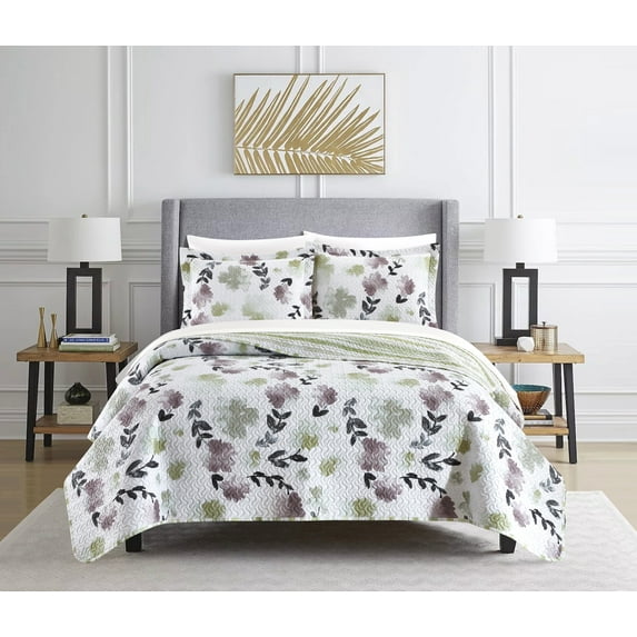Chic Home Parson Green 3 Piece Quilt Set Reversible Watercolor Floral Print Striped Pattern Design Bedding - Pillow Shams Included, King, Multi-color
