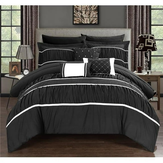 Chic Home Classic 10-Piece Black Penelope Pleated & Ruffled Bed in a Bag, Queen