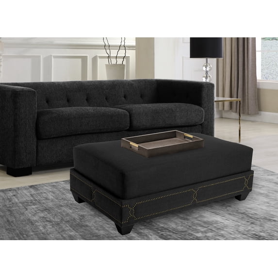 Chic Home Prezton Linen Contemporary Nail head detailing Wooden Leg Ottoman, Black
