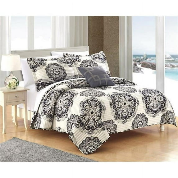 Chic Home QS4053-BIB-US Madarcos Super Soft Microfiber Large Printed Medallion Reversible with Geometric Printed Backing King Quilt Set, Black - 8 Piece