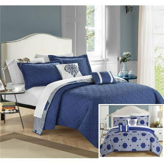 Chic Home QS4244-BIB-US 9 Piece Waneta Hexagon Quilted Embroidered with Contemporary Reversible Printed Backside Queen Quilt Set, Navy