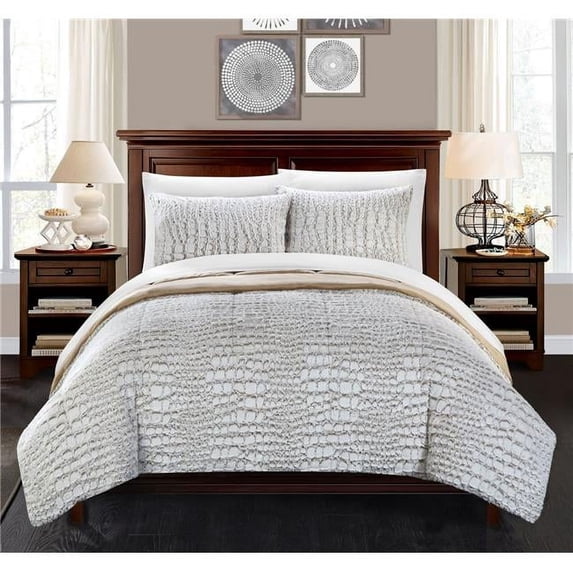 Chic Home Queen Size Cayman New Faux Fur Collection with Mink Like Backing in Alligator Animal Skin Design Comforter Set, Beige - 3 Piece