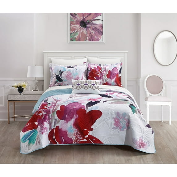 Chic Home Henia 8-Piece Reversible Quilt Set Floral Watercolor Design, Queen, Multi Color