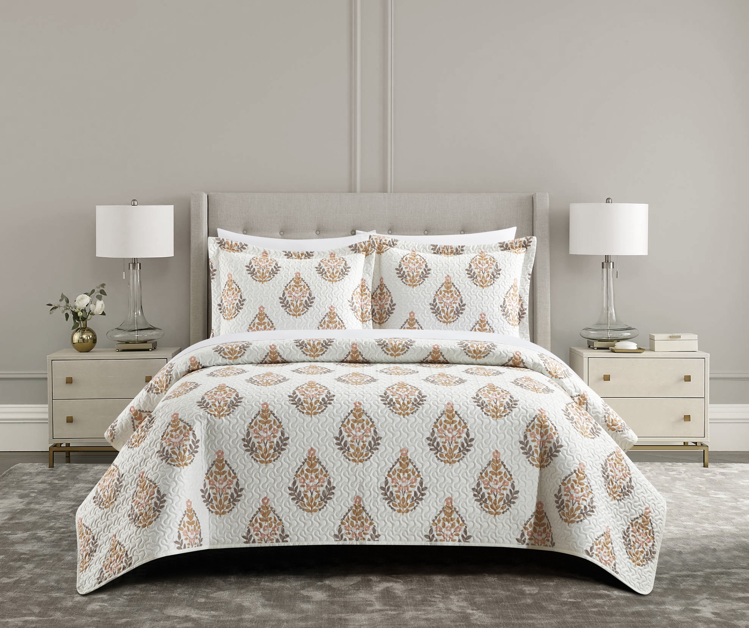 Chic Home Brennah 3-Piece Floral Quilt Set, Queen, Taupe