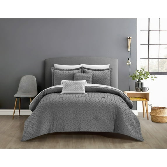 Chic Home Riayn 9-Piece Jacquard Geometric Comforter Set, King, Gray