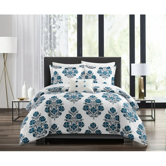 Chic Home Riley 6 Piece Comforter Set Large Scale Floral Medallion Print Design Bed In A Bag Bedding - Sheets Pillowcase Decorative Pillow Sham Included, Twin, Blue