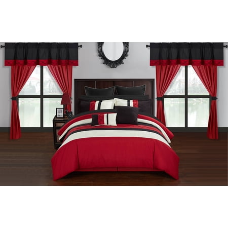 Chic Home 24-Piece Rinat Color Block Embroidered Red Bedding Set, Queen