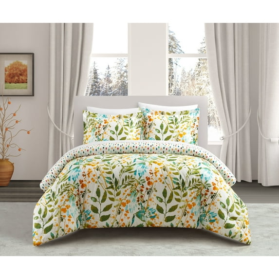 Chic Home Robin 7 Piece Duvet Cover Set Reversible Hand Painted Floral Print Design Bed In A Bag Bedding with Zipper Closure - Sheets Pillowcases Pillow Shams Included, Queen, Multi-color