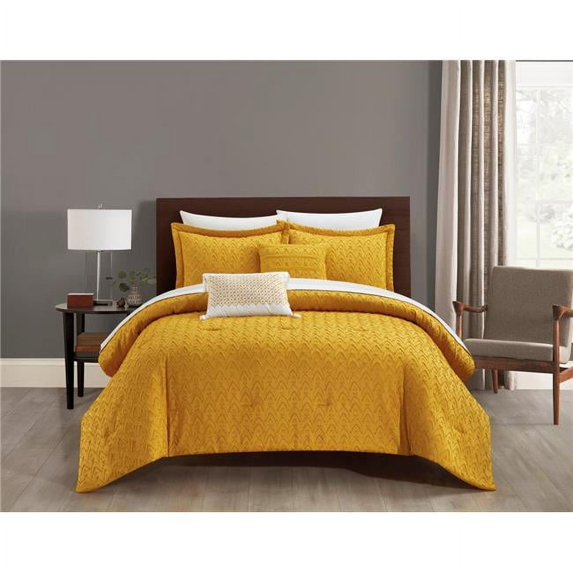 Chic Home Roxan Clip Jacquard Geometric Pattern Design Bedding Comforter Set, Mustard Yellow - Queen Size - 5 Piece