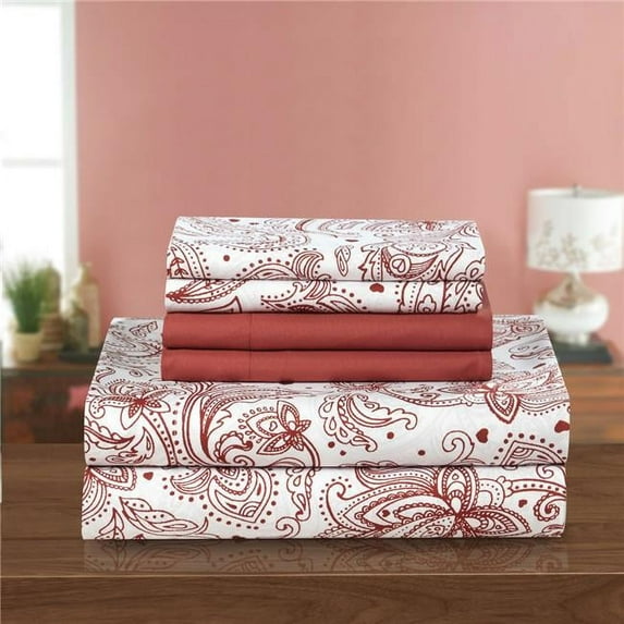 Chic Home SS3677-US 6 Piece Ulrich Park Super Soft Microfiber Vintage Paisley Pattern Printed Two Tone with Bonus Solid Pillow Cases King Sheet Set, Brick