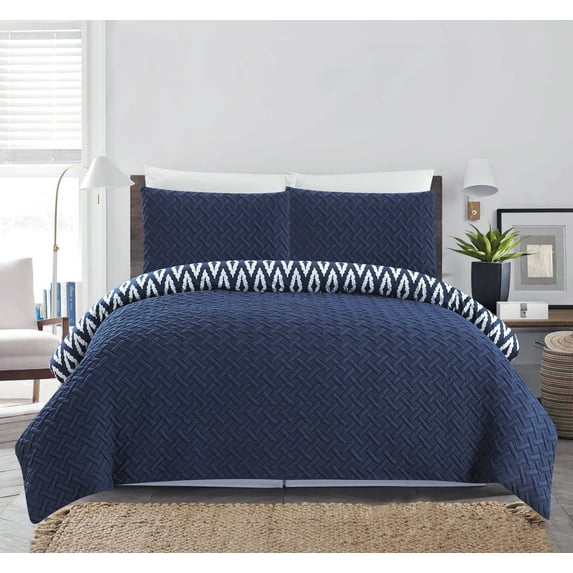 Chic Home Sabina 3-Piece Reversible Geometric Comforter Set, Queen, Navy