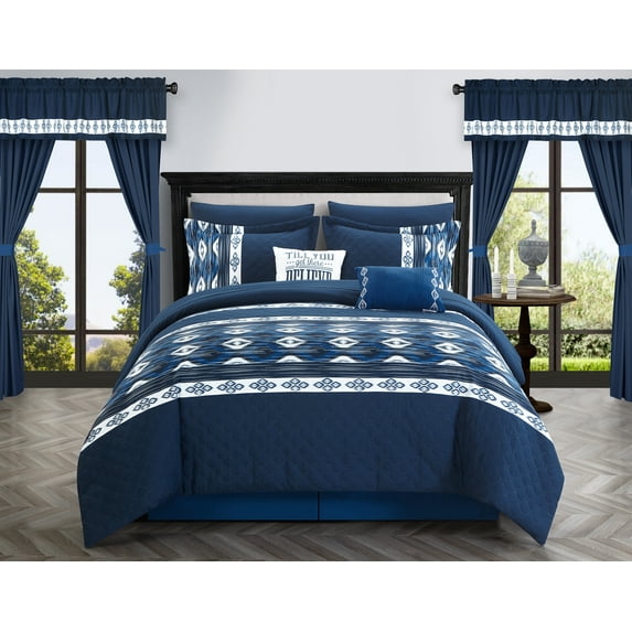 Chic Home Sevrin 20-Piece Color Block Comforter Set, Queen, Navy