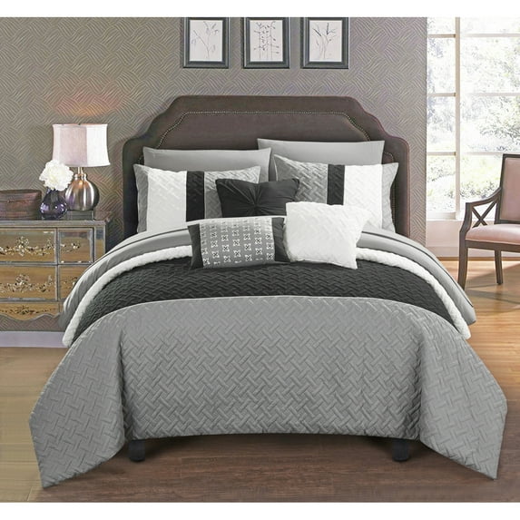 Chic Home Shaila 10 or 8 Piece Comforter Set Color Block Quilted Embroidered Design Bed in a Bag Bedding