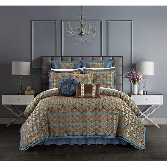 Chic Home Sue 13 Piece Comforter Set Chenille Geometric Scroll Pattern Flange Border Bed in A Bag - Sheet Set Bed Skirt Decorative Pillows Shams Included, Queen, Blue Queen Blue