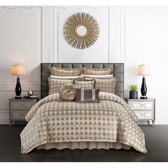 Chic Home Sue Comforter Set Chenille Geometric Scroll Pattern Flange Border Bed In A Bag - Sheet Set Bed Skirt Decorative Pillows Shams Included - 13-Piece - Queen 92x96", Beige