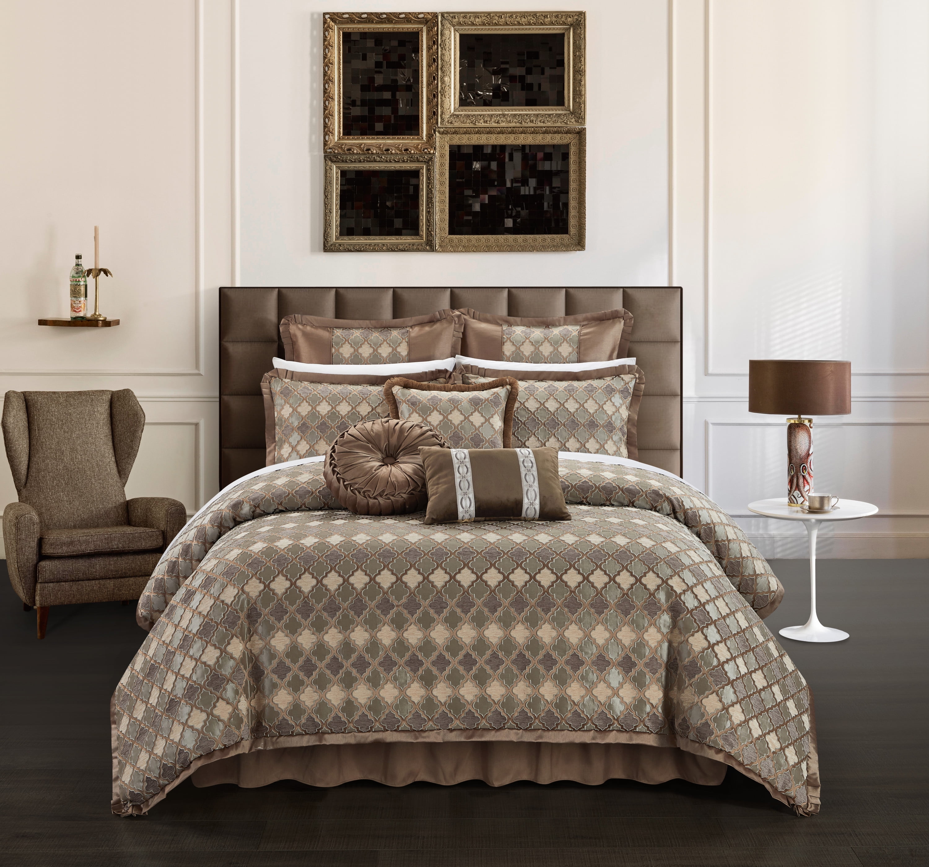 Chic Home Suelyn 9Piece Chenille Geometric Comforter Set, Queen, Brown